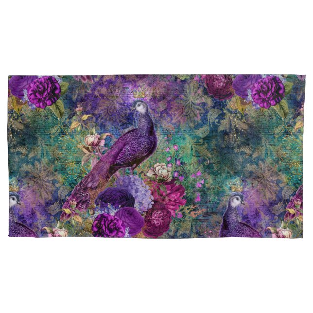 Elegant Purple Teal Peacock Floral Pillowcase (Front)