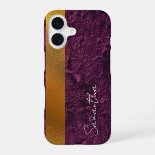 Elegant Purple Texture & Gold Stripe Personalised iPhone 16 Case