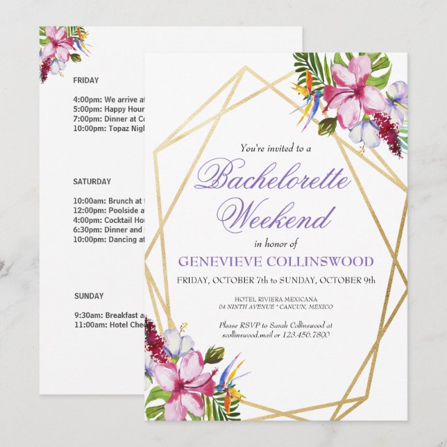 Elegant Purple Tropical Bachelorette Weekend Invitation (Front/Back)