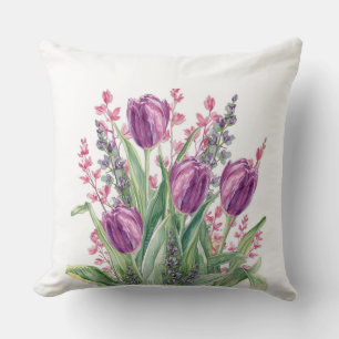 Elegant, Purple Tulip Flowers Pattern Purple Stri Cushion