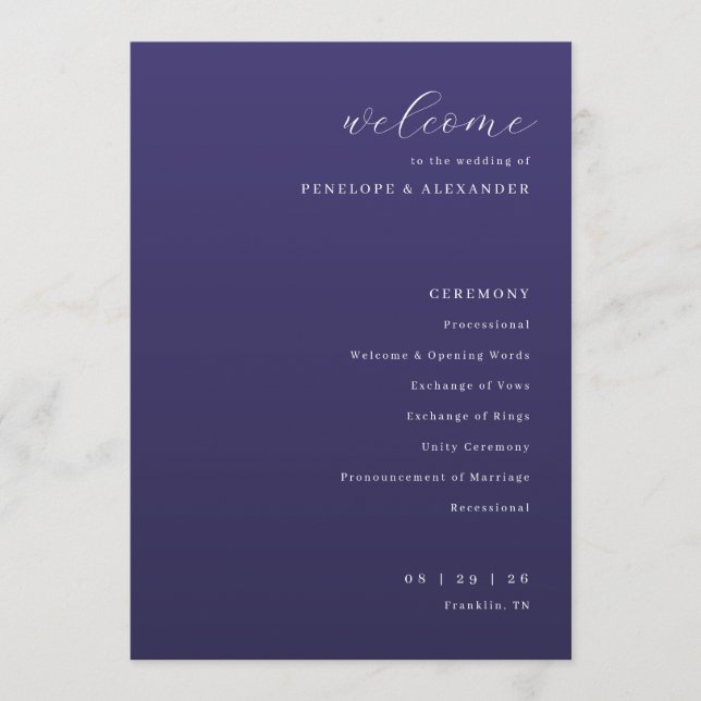 Elegant Purple Typographic Wedding Ceremony Programme (Front)
