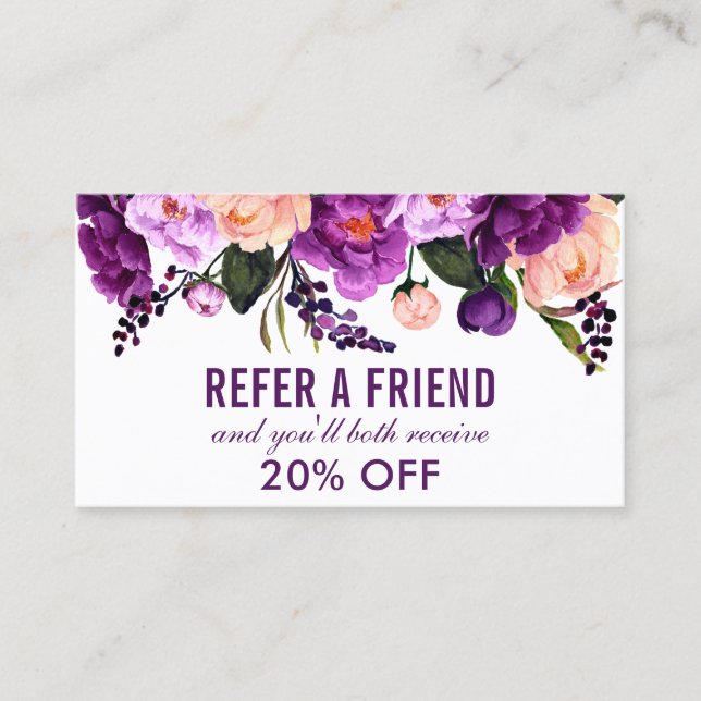 Elegant Purple Ultra Violet Floral Referral Business Card (Front)