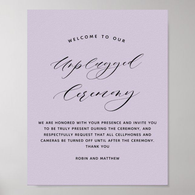 Elegant Purple Unplugged Ceremony Wedding Sign (Front)