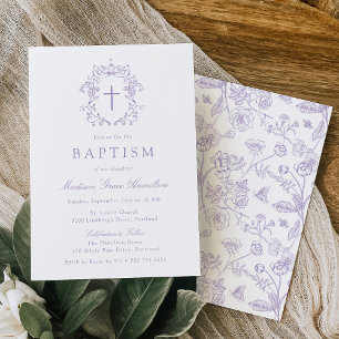 Elegant Purple Vintage Floral Cross Baptism Invitation