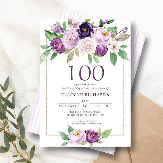 Elegant Purple | Violet Floral 100th Birthday  Invitation (Creator Uploaded)