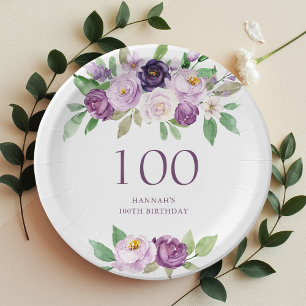 Elegant Purple   Violet Floral 100th Birthday  Paper Plate