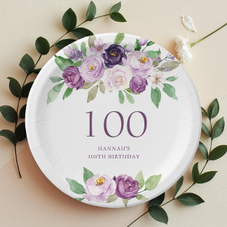 Elegant Purple | Violet Floral 100th Birthday Paper Plate