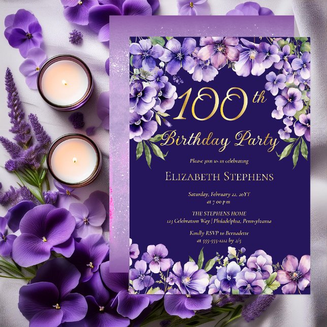 Elegant Purple Violet Floral 100th Birthday Party (Elegant Purple Violets Floral 100th Birthday Party Gold Foil Invitation)