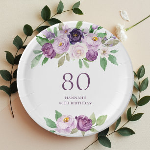 Elegant Purple Violet Floral 80th Birthday Paper Plate