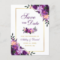 Elegant Purple Violet Floral Gold Save the Date