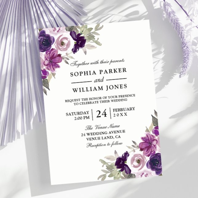 Elegant Purple Violet Floral Winter Wedding Invitation (Creator Uploaded)
