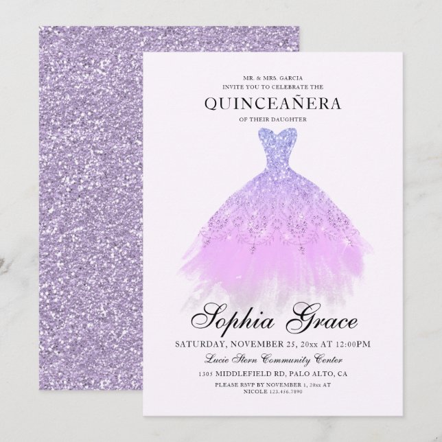 Elegant Purple Violet Glitter Quinceañera Invitation (Front/Back)