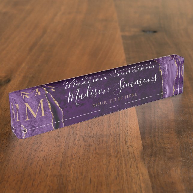 Elegant Purple Violet Gold Agate Geode Monogram Nameplate (Side)
