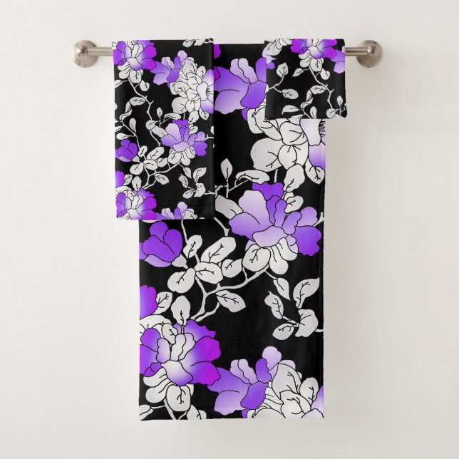 Elegant Purple Violet White Black Floral Pattern Bath Towel Set (Insitu)