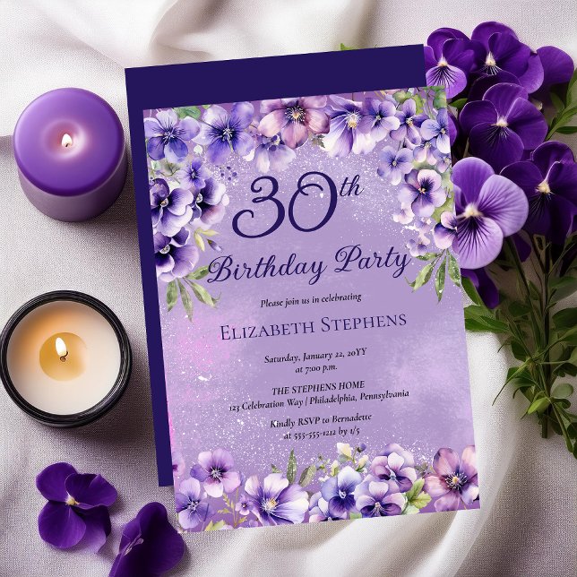 Elegant Purple Violets Floral 30th Birthday Party  Invitation (Elegant Purple Violets Floral 30th Birthday Party Invitation)