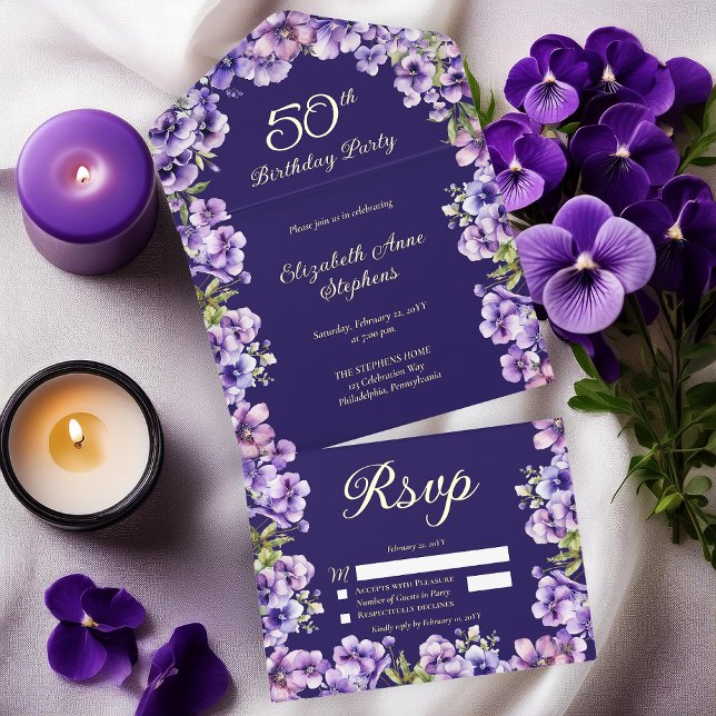 Elegant Purple Violets Floral 50th Birthday Party All In One Invitation (Elegant Boho Purple Violets Floral Formal 50th Birthday Party All in One Gold Foil Invitation)