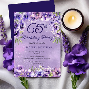 Elegant Purple Violets Floral 65th Birthday Party Invitation