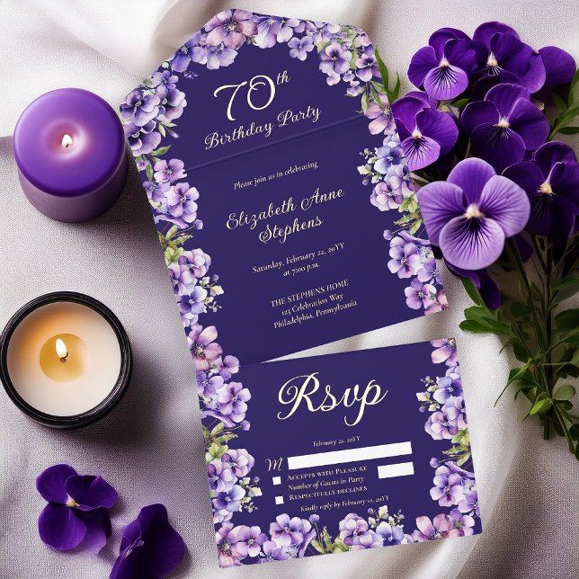 Elegant Purple Violets Floral 70th Birthday Party All In One Invitation (Elegant Boho Purple Violets Floral Formal 70th Birthday Party All in One Gold Foil Invitation)