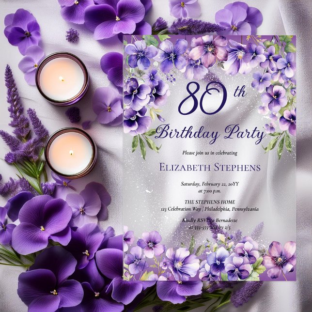 Elegant Purple Violets Floral 80th Birthday Party  Acrylic Invitations (Elegant Purple Violets Floral 80th Birthday Party Acrylic Invitations)
