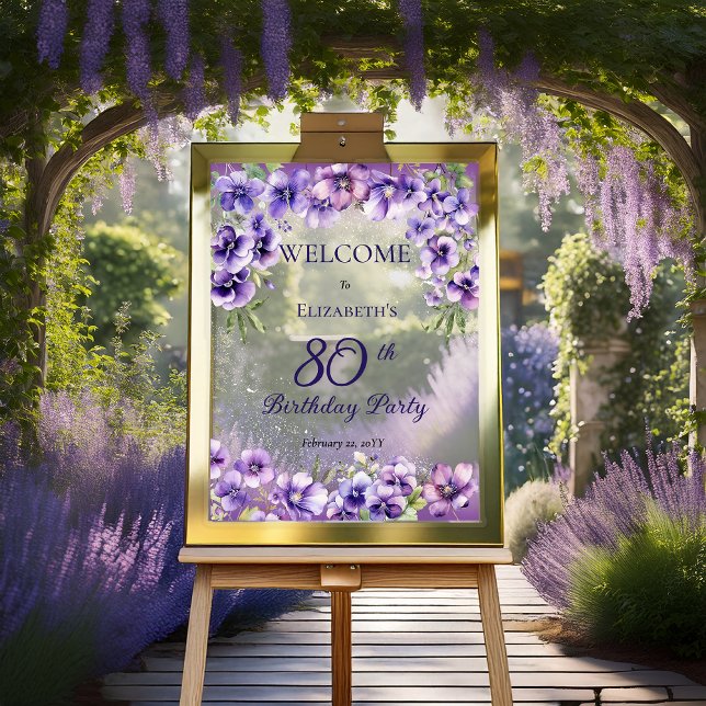 Elegant Purple Violets Floral 80th Birthday Party  Acrylic Sign (Elegant Purple Violets Floral 80th Birthday Party Acrylic Sign)
