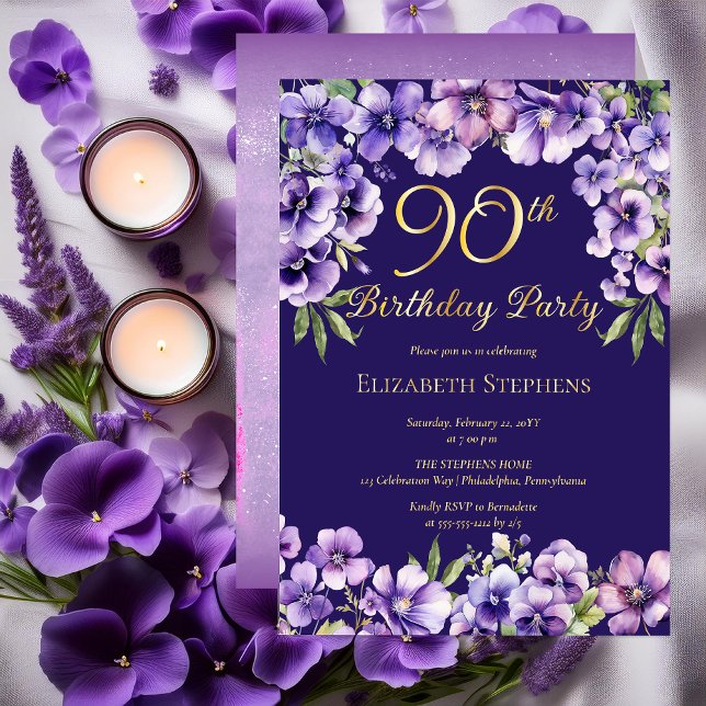 Elegant Purple Violets Floral 90th Birthday Party (Elegant Purple Violets Floral 90th Birthday Party Gold Foil Invitation)