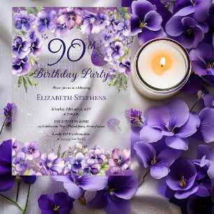 Elegant Purple Violets Floral 90th Birthday Party Acrylic Invitations