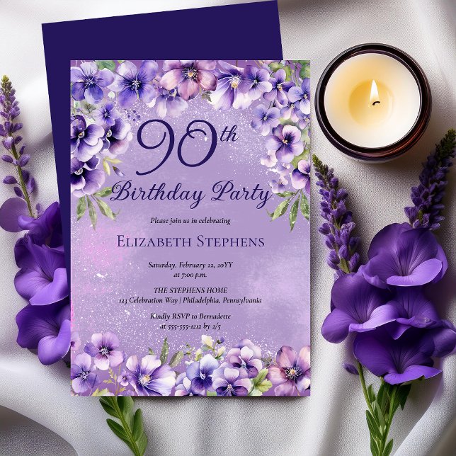 Elegant Purple Violets Floral 90th Birthday Party  Invitation (Elegant Purple Violets Floral 90th Birthday Party Invitation)