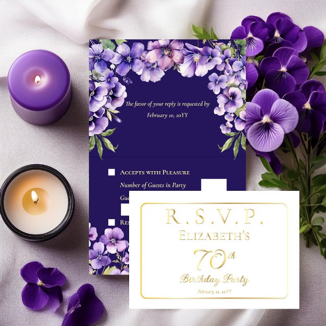 Elegant Purple Violets Floral Birthday Party RSVP Foil Card (Elegant Purple Violets Floral 70th Birthday Party RSVP Foil Invitation Folded Insert Enclosure Card)