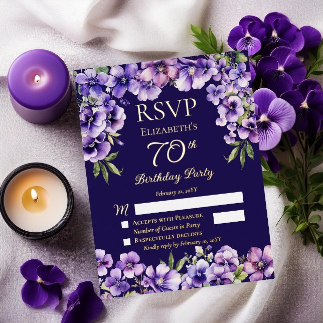 Elegant Purple Violets Floral Birthday Party RSVP Foil Invitation Postcard (Elegant Purple Violets Floral 70th Birthday Party RSVP Foil Invitation Insert | Enclosure Card)
