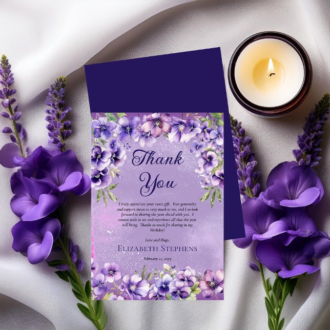 Elegant Purple Violets Floral Birthday Party  Thank You Card (Boho Elegant Purple Violets Floral Birthday Party (or Other Occasion) Thank You Card)