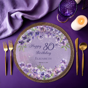 Elegant Purple Violets Floral Happy 80th Birthday Paper Plate