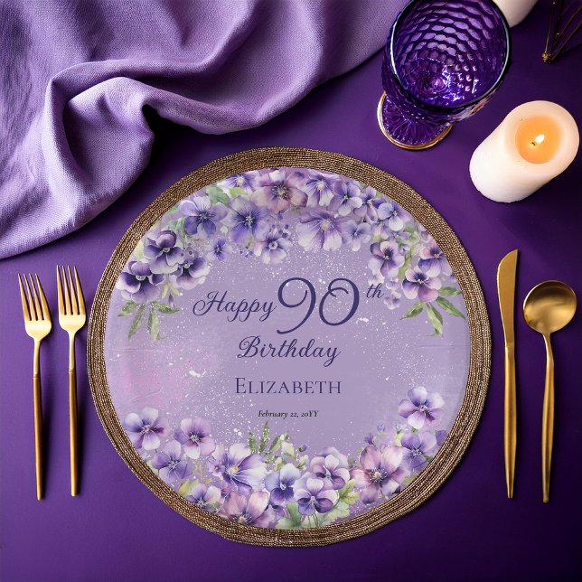 Elegant Purple Violets Floral Happy 90th Birthday Paper Plate (Boho Elegant Purple Violets Floral Happy 80th Birthday Party Paper Plates)