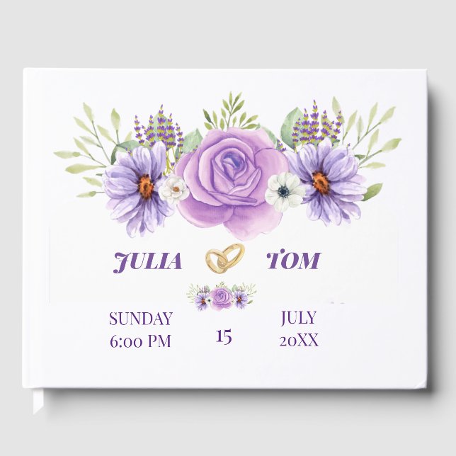 Elegant Purple Water Colour Floral Wedding Guest Book (Front)