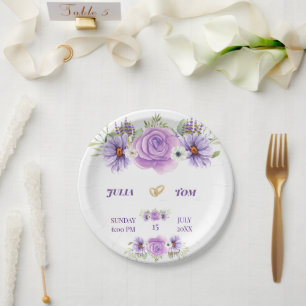 Elegant Purple Water Colour Floral Wedding Paper Plate