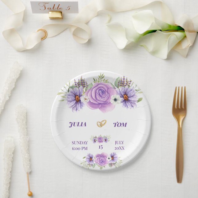 Elegant Purple Water Colour Floral Wedding Paper Plate (Wedding)