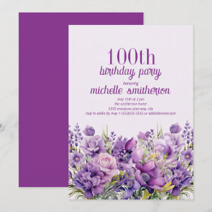 Elegant Purple Watercolor Floral 100th Birthday Invitation