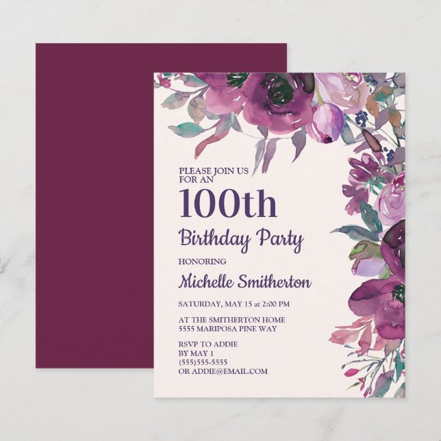 Elegant Purple Watercolor Floral 100th Birthday Invitation (Front/Back)