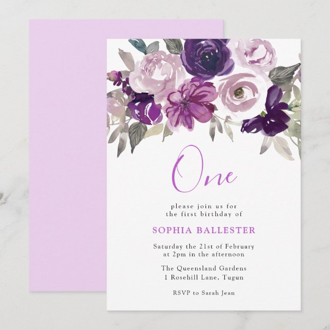 Elegant Purple Watercolor Floral 1st Birthday Invitation (Front/Back)