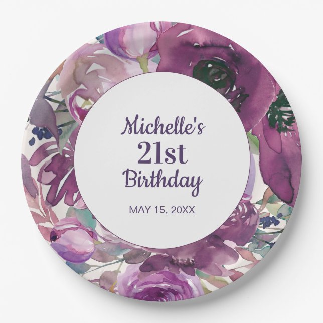 Elegant Purple Watercolor Floral 21st Birthday Paper Plate (Front)