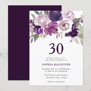 Elegant Purple Watercolor Floral 30th Birthday Invitation
