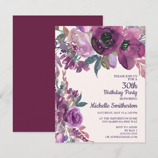 Elegant Purple Watercolor Floral 30TH Birthday Invitation (Front/Back)
