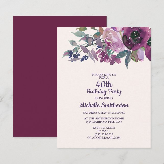 Elegant Purple Watercolor Floral 40TH Birthday Invitation (Front/Back)