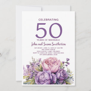 Elegant Purple Watercolor Floral 50th Anniversary Invitation
