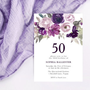Elegant Purple Watercolor Floral 50th Birthday Invitation
