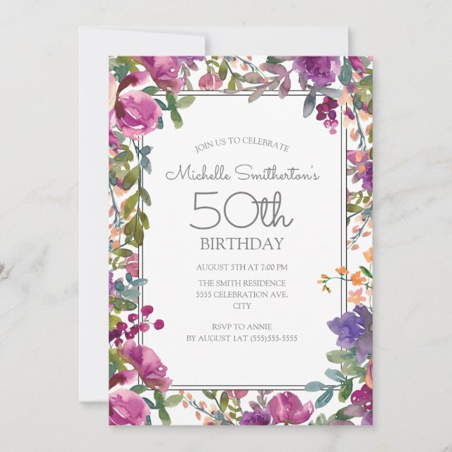 Elegant Purple Watercolor Floral 50th Birthday Invitation (Front)