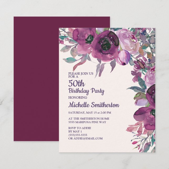 Elegant Purple Watercolor Floral 50TH Birthday Invitation (Front/Back)