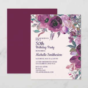 Elegant Purple Watercolor Floral 50TH Birthday Invitation
