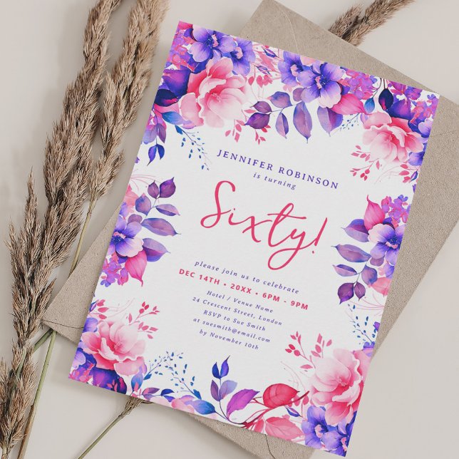 Elegant Purple Watercolor Floral 60th Birthday  Invitation (Elegant Purple Watercolor Floral 60th Birthday Invitation)