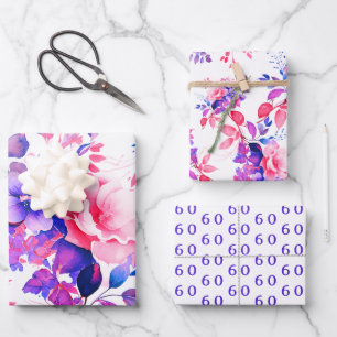 Elegant Purple Watercolor Floral 60th Birthday  Wrapping Paper Sheet