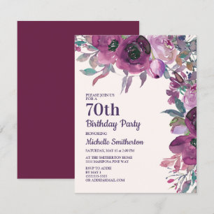 Elegant Purple Watercolor Floral 70th Birthday Invitation